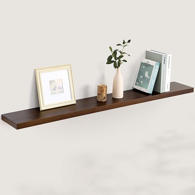 Floating Shelves 55 Inches Long - 8 Inch Deep Rustic Solid Pine Wood for Storage - Farmhouse Wall Mounted for Living Room - Heavy-Duty Metal Bracket - 55" W x 8" D - American Walnut Color-Ruum Studio Home