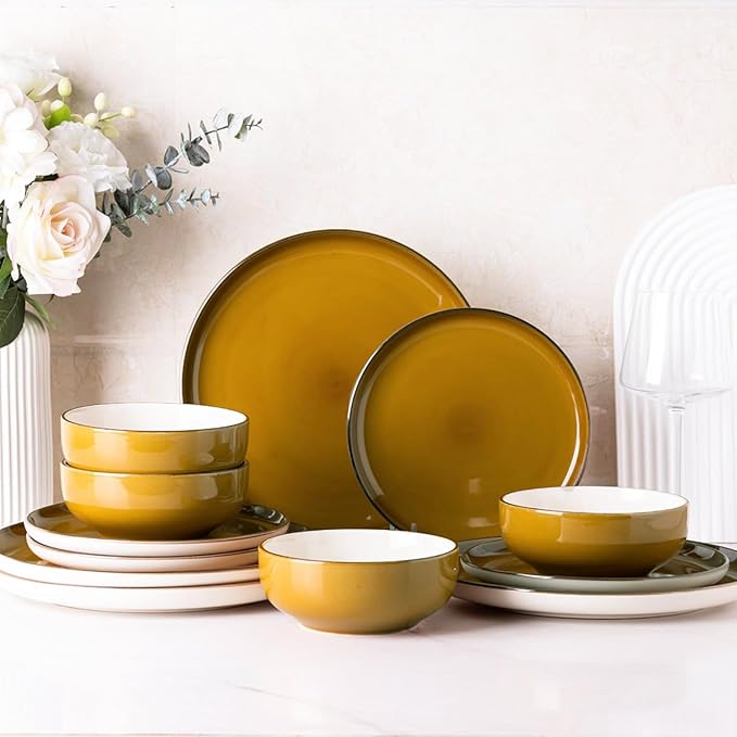 GBHOME Ceramic Dinnerware Sets, 18 Pieces Stoneware Dinnerware Set, Plates and Bowls Sets, Dishwasher & Microwave Safe,Dishes Set | Service for 6-Ruum Studio Home
