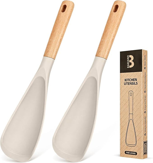 Cooking Spoon for Nonstick Cookwares, Great for Cooking and Serving Sturdy BPA-Free Matte Silicone, Wood Handle Spoon for Mixing, Scoop, and Scrape (2 Pack of Khaki, 11.4 inch)-Ruum Studio Home