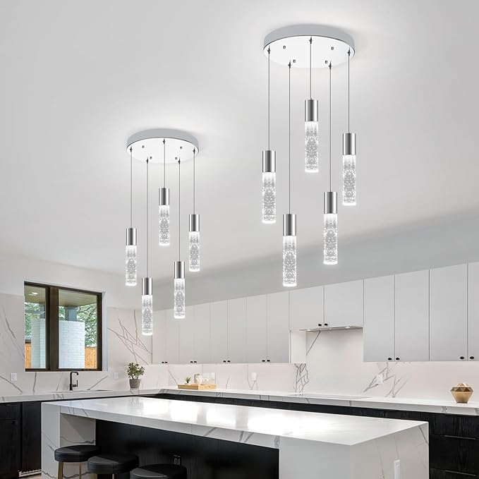 OKELI 5-Light Pendants Light for Kitchen Island Dining Room, 6000K Bubble Crystal Modern LED Kitchen Hanging Lights, 30W Chrome Pendant Lighting Fixture, Round-Ruum Studio Home