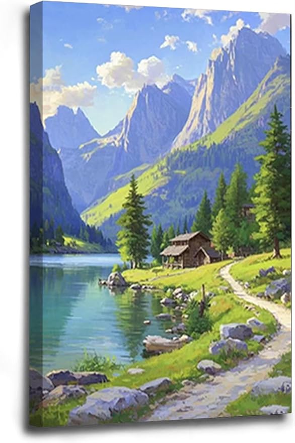 Landscape wall painting of mountain forest lakeside cabin under blue sky and white clouds natural oil painting poster suitable for living room bedroom office-Ruum Studio Home