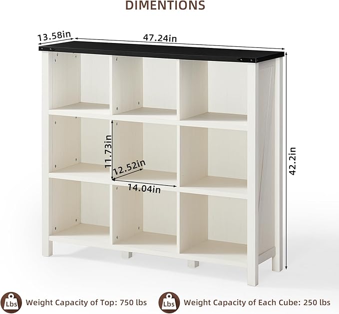 9 Cube Bookcase, Farmhouse 47 Inch Wide White Bookshelf, Wooden 3 Tier Display Large Open Book Shelf, Vintage Horizontal Book Case for Home Office, Cubby Storage Cabinet for Living Room-Ruum Studio Home