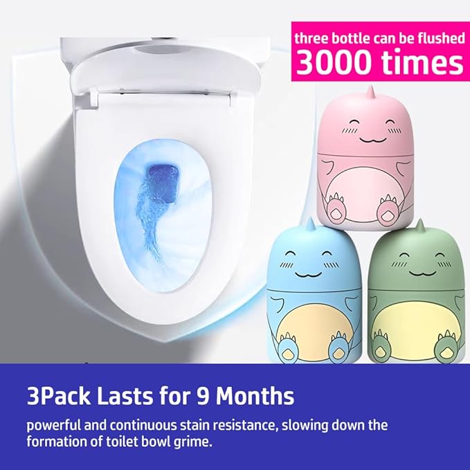 Cute Dinosaur-Shaped Toilet Bowl Cleaner Bottle, Bathroom Toilet Tank Cleaner with Ocean, Jasmine, and Peach Scent,Three bottles can be used for 9 months (1, Three colors and three bottles)-Ruum Studio Home