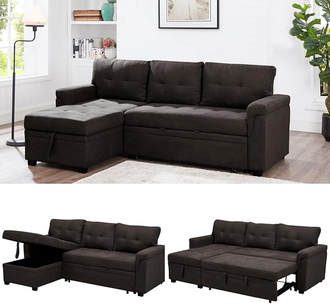 Naomi Home Transform Any Space: Sleeper Sectional Sofa with Convertible Sofa Bed & Inviting Chaise. Find Tranquil Comfort with Stress-Relieving Design & Durable Cushions - Espresso/Velvet-Ruum Studio Home