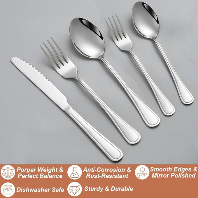 40 Pcs Silverware Set for 8 with Simple Striped Handle Design, Food Grade Stainless Steel Flatware Set, Eating Utensils Sets Include Fork/Knife/Spoon, Reusable Cutlery Set, Dishwasher Safe-Ruum Studio Home