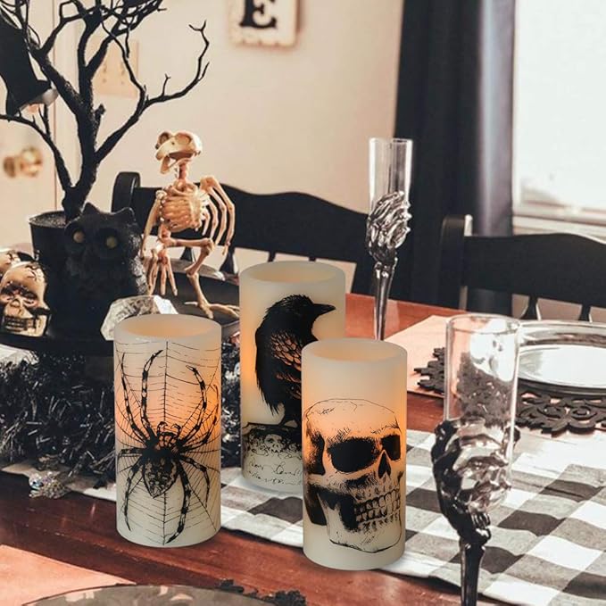 Wondise Halloween Flickering Flameless Candles with 6hrs Timer, Battery Operated LED Real Wax Candles Set of 3 Skull, Spider Web, Crow Raven Decals Halloween Home Decoration Gifts(3 x 3 x 6 Inch)-Ruum Studio Home