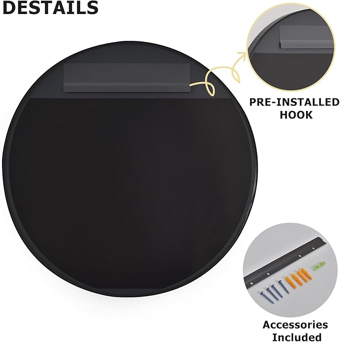 24 Inch Round Bathroom Mirror - Wall Mounted Circle Mirror with Metal Frame, Modern Mirror Suitable for Bathroom, Vanity, Entryway, Living Room, Wall Decor,Black-Ruum Studio Home