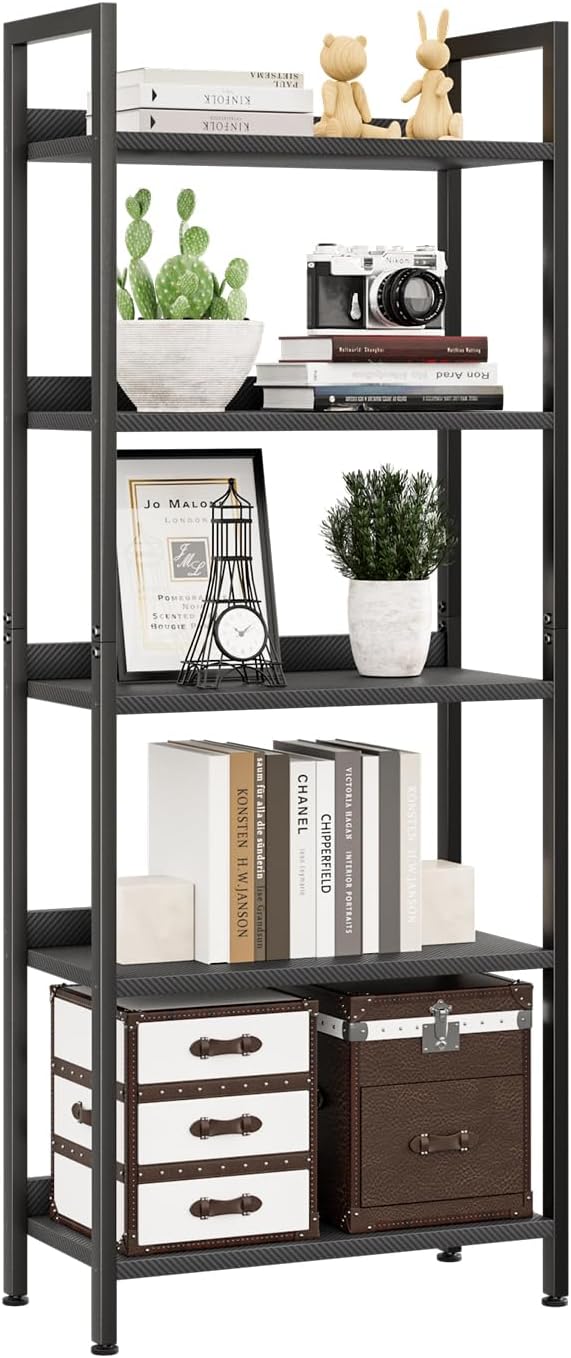 NUMENN Bookshelf, 5 Tier Bookshelves, Home Office Bookcase Shelf Storage Organizer, Free Standing Storage Shelving Unit for Bedroom, Living Room and Home Office, Carbon Fibre-Ruum Studio Home