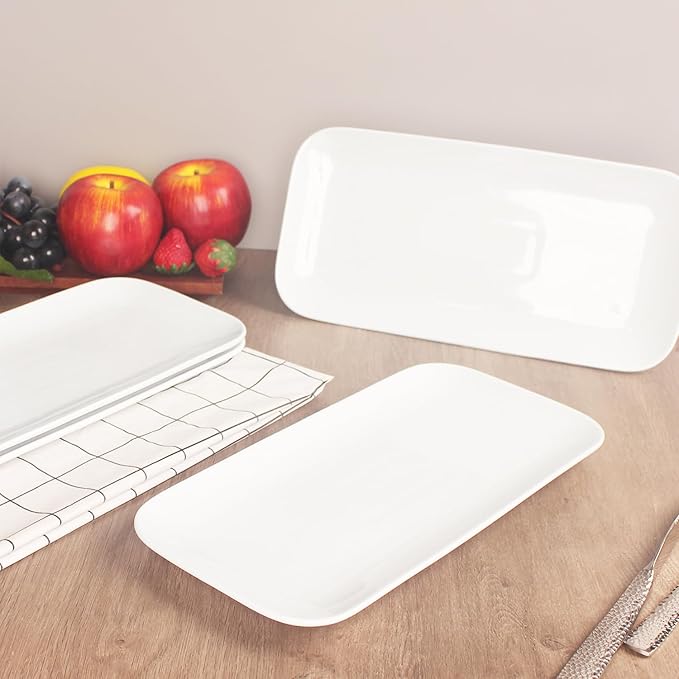 Serving Platters Set of 4, Rectangular Serving Plates, Serving Trays for Entertaining Party, Microwave,Oven,Dishwasher Safe,Kitchen Dinnerware, White 12.4 Inch-Ruum Studio Home