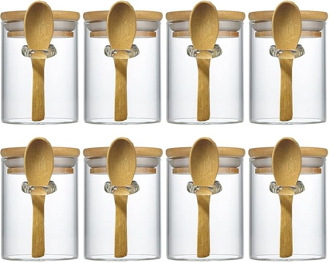 7.6 oz Airtight Mini Glass Jars with Bamboo Lids and Bamboo Spoons, Spice Jars Small Food Storage Containers for Kitchen, Bathroom, Home Decor Set of 8-Ruum Studio Home