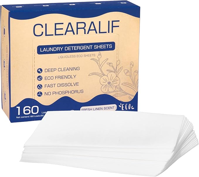 Laundry Detergent Sheets Up to 320 Loads, Fresh Linen - Great For Travel,Apartments, Dorms,CLEARALIF Laundry Detergent Strips Eco Friendly & Hypoallergenic (80 Sheets, Pack of 2)-Ruum Studio Home