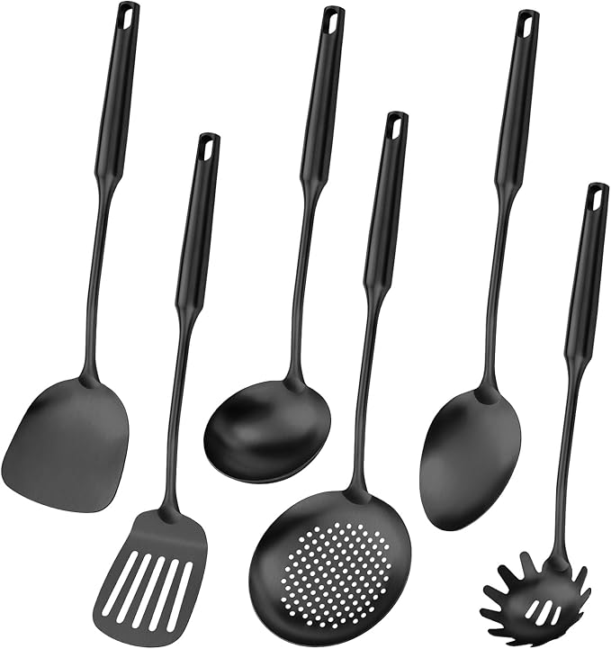 304 Stainless Steel Cooking Utensil,Kitchen Kitchen Utensil with Spatula, Solid Spoon, Ladle, Skimmer, Spaghetti Spoon, 6 Piece Set, Dishwasher Safe(Black)-Ruum Studio Home