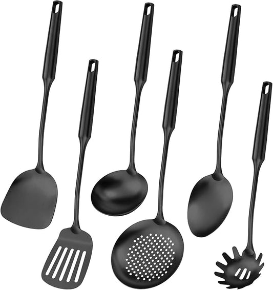 304 Stainless Steel Cooking Utensil,Kitchen Kitchen Utensil with Spatula, Solid Spoon, Ladle, Skimmer, Spaghetti Spoon, 6 Piece Set, Dishwasher Safe(Black)-Ruum Studio Home
