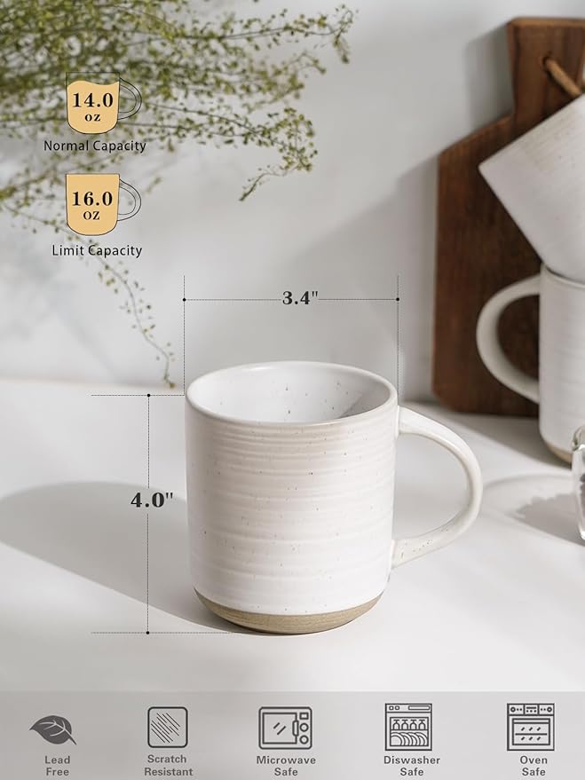 Kanwone Coffee Mugs 16oz, Stoneware Mugs Set, Ceramic Coffee Cups with Handle for Latte, Hot Tea, Cappuccino, Cocoa, Housewarming Wedding Gift, Microwave and Dishwasher Safe, Set of 6, Neutral White-Ruum Studio Home