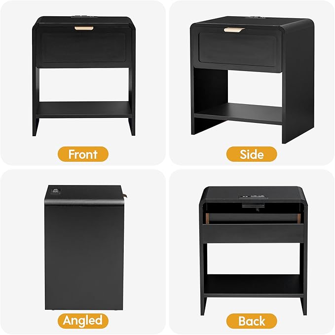 LEVNARY Nightstand with Charging Station, Mid-Century Modern Bedside Table with Curved Top Corners and Storage Drawer, Wooden End Table for Farmhouse Bedroom Living Room (1, Black)-Ruum Studio Home