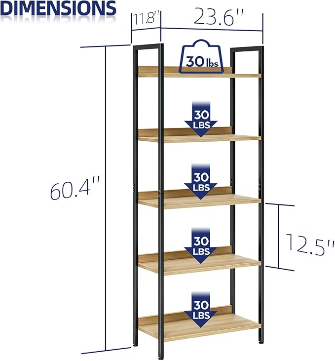 NUMENN Bookshelf, 5 Tier Bookshelves, Home Office Bookcase Shelf Storage Organizer, Free Standing Storage Shelving Unit for Bedroom, Living Room and Home Office, Natural-Ruum Studio Home