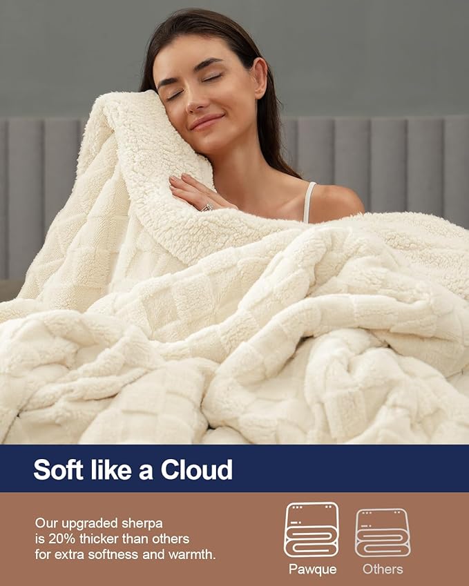 Pawque Super Soft Cozy Throw Blanket King Size for Couch Bed, Fluffy Sherpa Fleece Reversible Thick Warm Fuzzy Blanket for All-Season, 3D Checkered Jacquard Decorative Blankets, Cream White, 108"x90"-Ruum Studio Home
