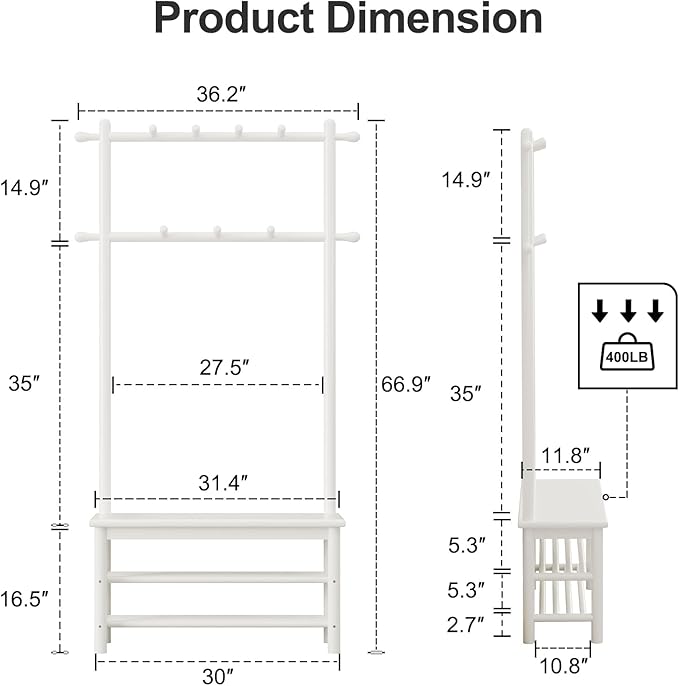 Coat Rack with Shoe Storage, Wooden Hall Tree with Bench, 11 Hooks and 2-Tier Storage Shelves, 3-in-1, Entryway Bench with Coat Rack (31.5"-White)-Ruum Studio Home