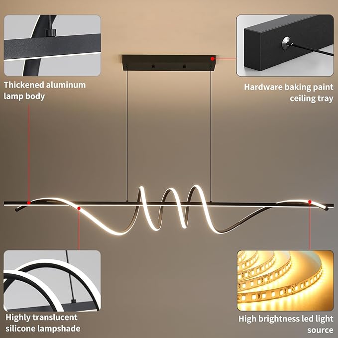Modern Ceiling Chandelier Light, Acrylic Anti Flicker Pendant Lamp with Remote Control Dimmable 3 Color Mode & Brightness (Warm Cool Neutral Light) for Kitchen Bar（Black,57IN-Ruum Studio Home