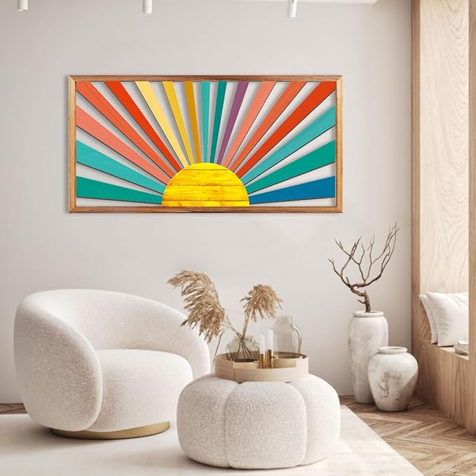 IARTTOP Large Boho Sun Wall Art Framed Wooden Art Wall Decor Sun Geometric Line Sunshine Wall Art for Living Room Bedroom Office 16"" x32, red-Ruum Studio Home