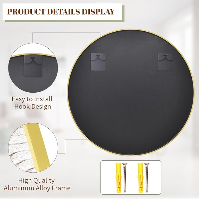 BEAUTYPEAK 30 Inch Round Mirror, Metal Frame Circle Mirror, Wall Mounted for Entryway, Bathroom, Vanity, Living Room, Gold-Ruum Studio Home