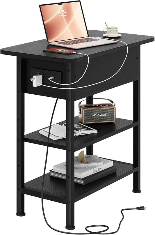 End Table with Charging Station, Flip Top Side Table with USB Ports and Outlets, 3-Tier Small Side Table with Storage for Small Space, End Tables for Living Room/Bedroom, Black-Ruum Studio Home