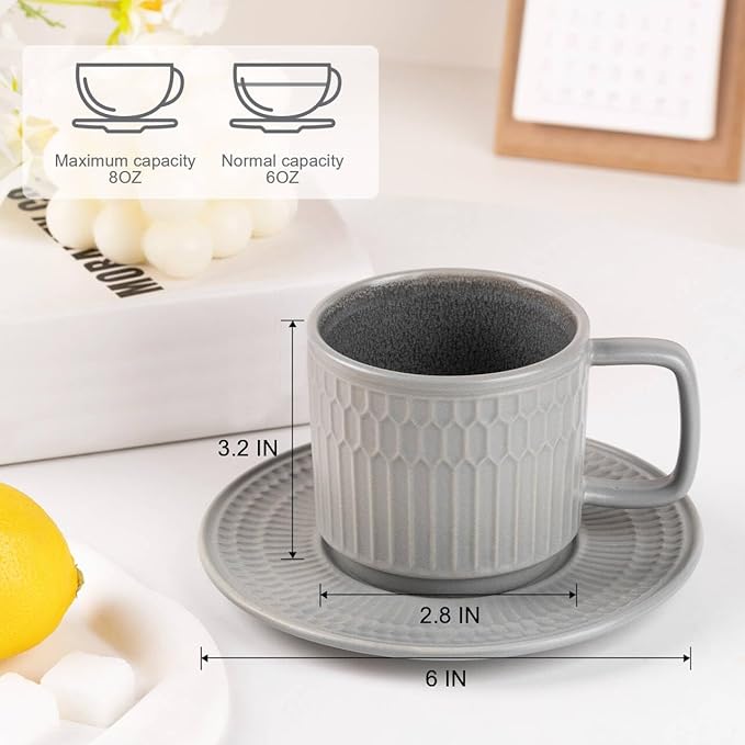 Large Cappuccino Cups with Saucers Set of 4, 8 Ounce Stackable Embossed Ceramic Coffee Mugs for Specialty Coffee Drinks, Latte, Cafe Mocha and Tea, Dishwasher & Microwave Safe (Grey)-Ruum Studio Home