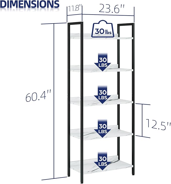 NUMENN Bookshelf, 5 Tier Bookshelves, Home Office Bookcase Shelf Storage Organizer, Free Standing Storage Shelving Unit for Bedroom, Living Room and Home Office, White Marble-Ruum Studio Home