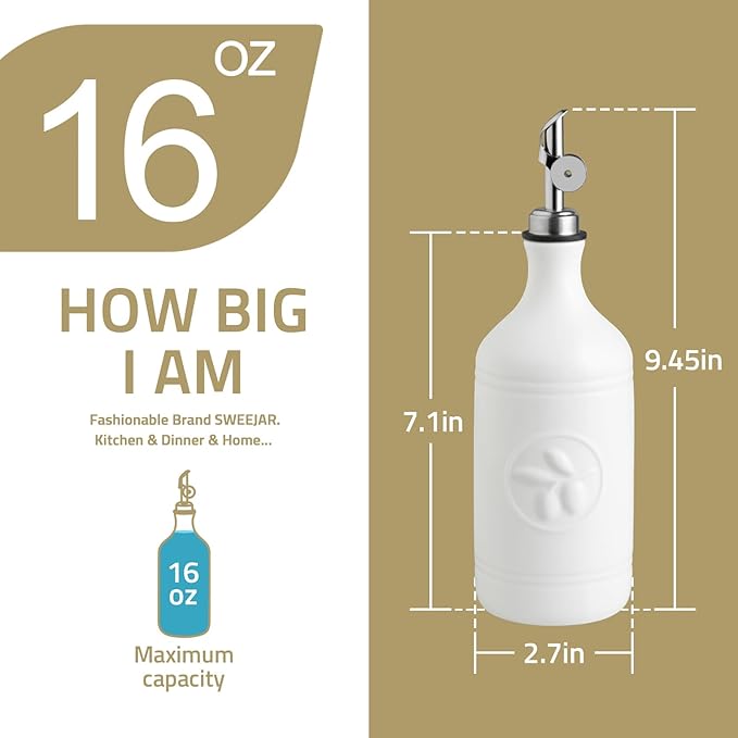Sweejar 16 Oz Ceramic Olive Oil Dispenser Bottle, Oil Dispenser for Kitchen with Gravity Spout, Relief Opaque Oil Container for Evoo, Avocado Oil, Vinegar, Soy Sauce, 1 Pack(White, Silver Spout)-Ruum Studio Home