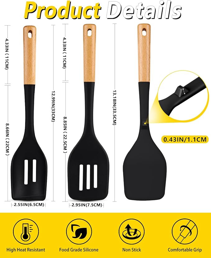Pack of 4 Silicone Kitchen Utensils Set, Non Stick Solid Spatulas and Heat Resistant Slotted Spoons with Wooden Handle, Ideal BPA Free Cooking Utensils for Mixing,Serving,Turning,Stirring(BLACK)-Ruum Studio Home