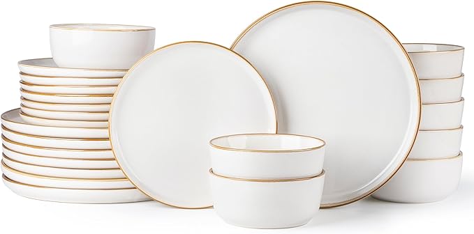 GBHOME Ceramic Dinnerware Sets for 8, 24 Pieces Stoneware Plates and Bowls Sets, Scratch Resistant Dishes, Dishwasher & Microwave Safe, Reactive Glaze-Pearl White-Ruum Studio Home