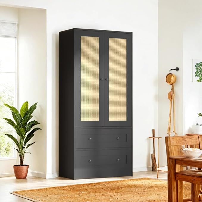 64.2" Tall Rattan Black Kitchen Pantry, Storage Cabinet with Doors and Drawers, Freestanding Wooden Organizer for Kitchen, Dining Room-Ruum Studio Home