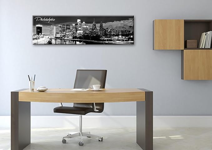DJSYLIFE Philadelphia Skyline Canvas Art - 13.8"x47.3" Black & White Cityscape Wall Decor, Modern Panoramic Night View Print for Living Room, Office, Bedroom - Ready to Hang-Ruum Studio Home