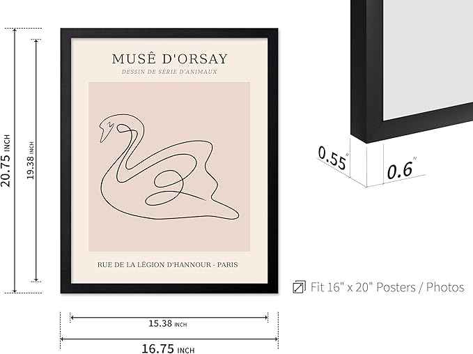 Poster Master Vintage Poster - Retro One Line Swan Drawing Print - Swan Art - Bird Art - Minimal Gift for Her, Animal Lover - Abstract Decor for Home, Office, Bedroom, 16x20 Black Framed-Ruum Studio Home