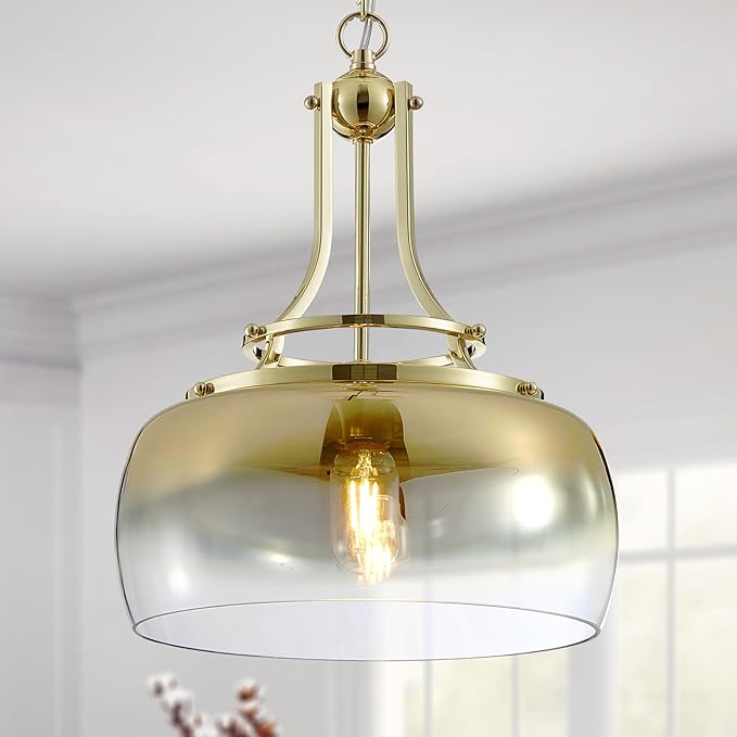WUZUPS Gold Chandelier Rustic Farmhouse Industrial Round Ceiling Pendant LED Light Fixture with Gradient Glass Shade for Dining Room Kitchen Island Foyer Entryway, H 17" W 13.4", E26 Base-Ruum Studio Home