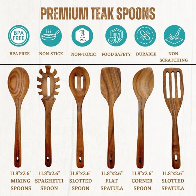 Wooden Utensils for Cooking, Premium Teak Healthy Spoons, Wooden Spoons for Cooking, Durable Eco-Friendly and Safe Teak Cooking Spoon, Cooking Gifts for Mom (set of 6) and Hooks-Ruum Studio Home