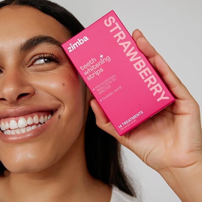 Zimba Strawberry Flavored Teeth Whitening Strips | Vegan, Enamel Safe Hydrogen Peroxide Teeth Whitener for Coffee, Wine, Tobacco, and Other Stains | 14 Day Treatment | Strawberry-Ruum Studio Home