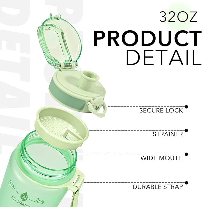 32oz Motivational Water Bottles with Time Marker & Fruit Strainer, Transparent Gradient Color Water Bottle with Times to Drink, Leakproof & BPA Free, Reusable Bottle with Strap (No Straw)-Ruum Studio Home