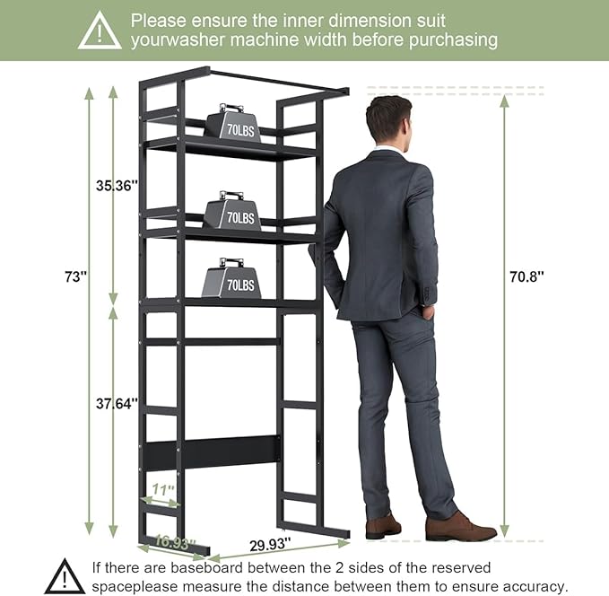 Dryer Storage Shel andf Over The Washer - Adjustable 4-Tier Heavy Duty Laundry Room Organizer, All Carbon Steel Standing Shelf with Hanging Rod, Anti-Tip Design, Super Stable 29.93" L x 11" D x 73" H-Ruum Studio Home