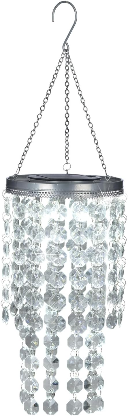 Hanging Solar Lantern Outdoor, 2 Tiers 21” Solar Transparent Acrylic Beaded Chandelier with Cool White LED S Hooks for Garden Yard Patio Gazebo Outside Decor-Ruum Studio Home