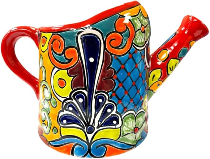 Talavera Watering Can Planter Large Flower Pot Large Mexican Pottery Folk Art Hand Painted Home Decor Garden Ceramic Handmade Multicolor 15" (Red Multi)-Ruum Studio Home
