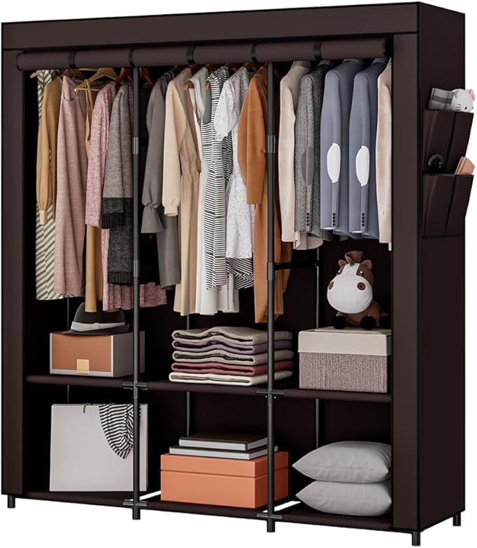 SORCEDAS Portable Closet Wardrobe Storage Organizer Metal Hanging Rack Non-Woven Fabric 50 Inch (Coffee)-Ruum Studio Home