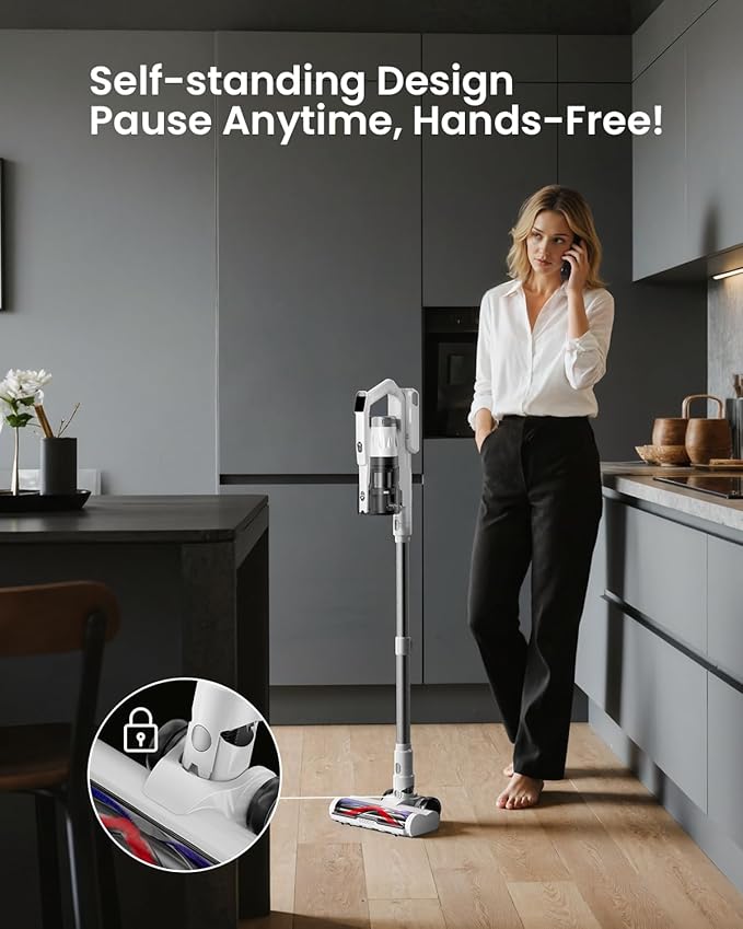 Cordless Vacuum Cleaner for Home, Upgraded 60Kpa Powerful Suction Pet Hair Vacuum with 70min Runtime, Green LED Light for Hardwood Floors & Carpet, Self-Standing Rechargeable Stick Vacuum, White-Ruum Studio Home