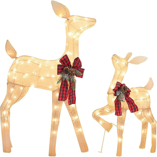 2 Pcs Reindeer Christmas Decoration, Xmas Lighted White Shimmering Doe and Fawn Display Set with 105 Warm White Lights for Yard Lawn Indoor Outdoor-Ruum Studio Home