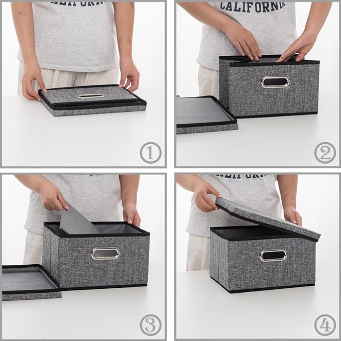 PRANDOM Storage Bins with Lids [3-Pack] Linen Fabric Foldable Storage Boxes Organizer Containers Baskets Cube with Cover for Home Bedroom Closet Office Nursery Grey（11.4X8.6X6.7-Ruum Studio Home