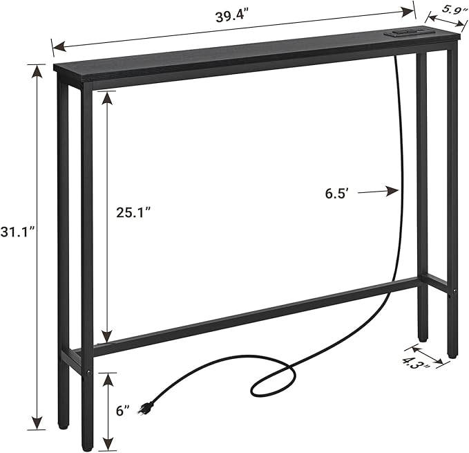 ELYKEN 5.9" Narrow Console Sofa Table with Power Outlets, 5.9" Dx39.4 Wx31.1 H Long Black Behind Couch Table with Metal Frame and Charge Station with 6.5’ Extension Cord-Ruum Studio Home
