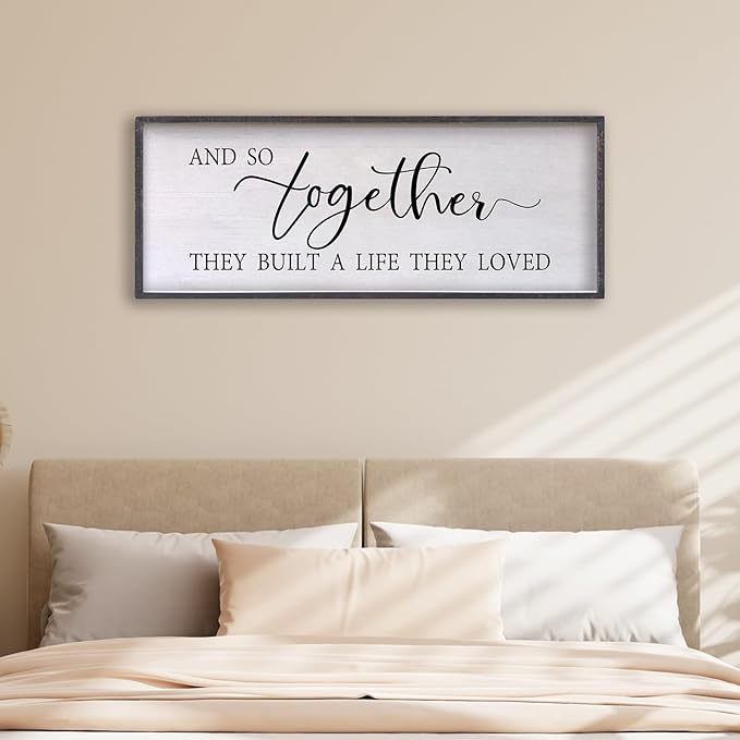 And So Together They Built A Life They Loved Sign Above Bed Wall Decor 24×10 Inch Master Bedroom Over Bed Wood Framed Wall Art (Black)-Ruum Studio Home