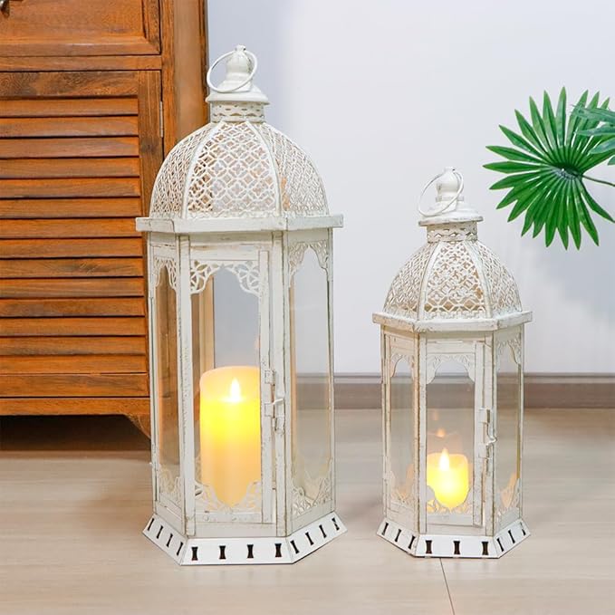 JHY DESIGN Set of 2 Decorative Candle Lanterns 22"&17" H Outdoor Vintage Metal Candle Holder for Garden Living Room Indoor Parties Weddings Patio Home Decor(White with Gold Brush)-Ruum Studio Home