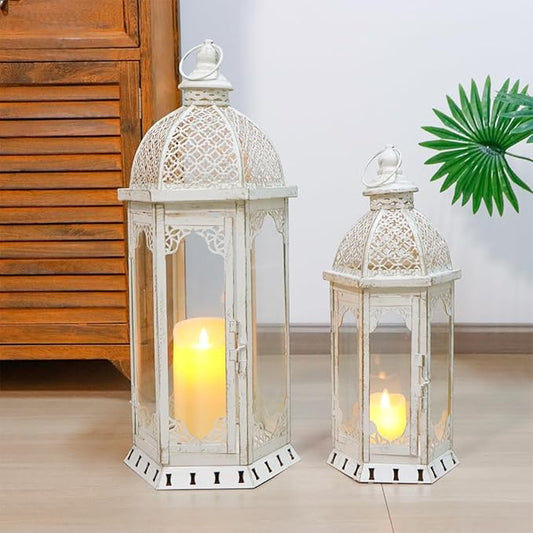 JHY DESIGN Set of 2 Decorative Candle Lanterns 22"&17" H Outdoor Vintage Metal Candle Holder for Garden Living Room Indoor Parties Weddings Patio Home Decor(White with Gold Brush)-Ruum Studio Home
