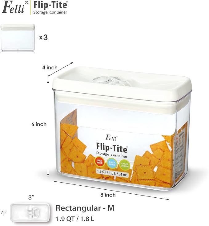 Felli Flip Tite Storage Container with Lid 4” RECTANGULAR Airtight Ring Flip Top, Stackable Kitchen Counter Pantry Organizer Acrylic Canister Jar for Pasta Spaghetti Cereal Granola Coffee (1.9qt)-Ruum Studio Home